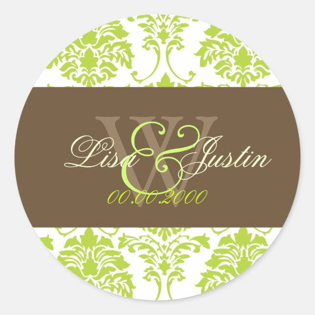 Limettengrün Damask Monogramm Hochzeitsticker Runder Aufkleber (Vorderseite)