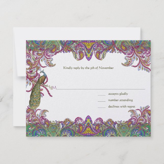 Limettengrüne und Himbeer-Damaskus-Hochzeitseinlad RSVP Karte (Vorderseite)