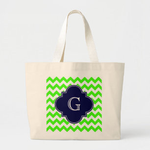 Limettengrünes Zickzack Navy-Quatrefolienmonogramm Jumbo Stoffbeutel