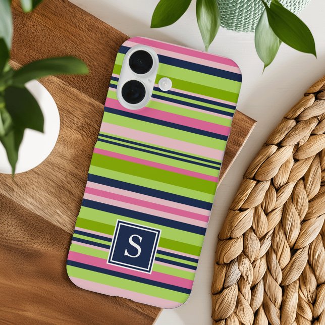Limon, rosa und Navy Strip Monogram Case-Mate iPhone Hülle (Von Creator hochgeladen)