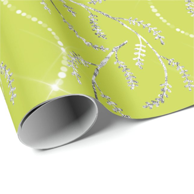 Limon Yellow Spark Laurel Floral Silver Diamonds Geschenkpapier (Rolleneckpunkt)