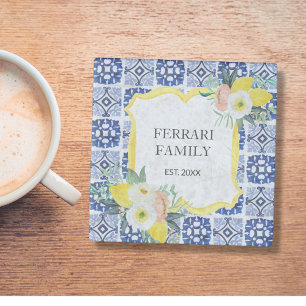 Limon-Zitrus-Italienisch-Mittelmeer-Fliesen-Muster Glasuntersetzer