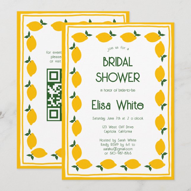 Limoncello Lemons CUSTOM QR Brautparty Einladung (Vorne/Hinten)