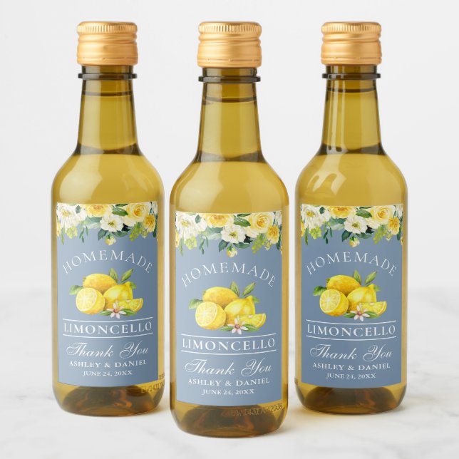 Limoncello Lemons Floral Dusty Blue Mini Weinetikett (Flaschen)