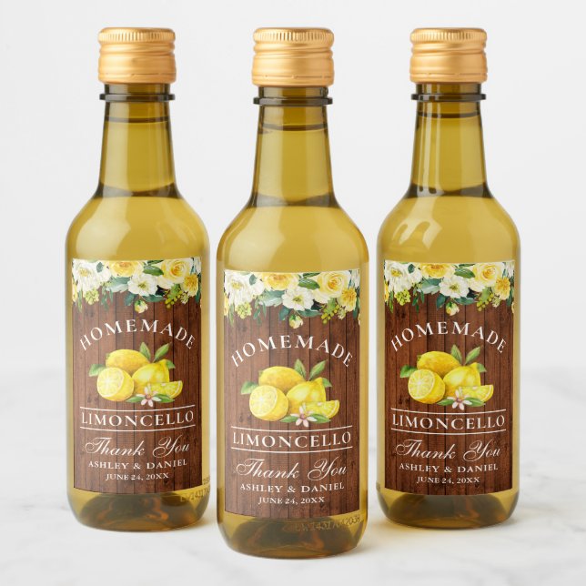Limoncello Lemons Floral Holz Mini Flaschen Labels Weinetikett (Flaschen)