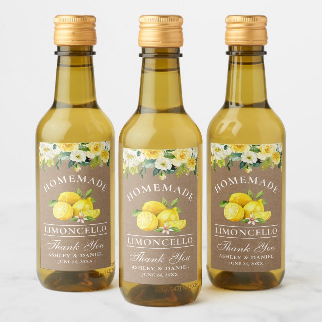 Limoncello Lemons floral Kraft Mini Flaschen Label Weinetikett (Flaschen)