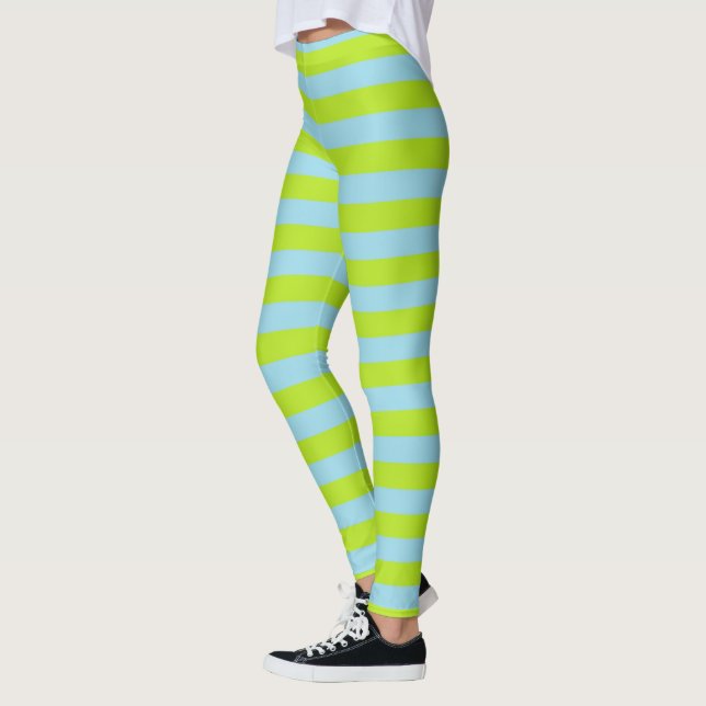 Limone grüne und blaue Pastellstreifen Leggings (Links)