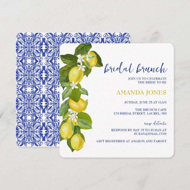 Limone I Italian Lemon & Blue Tile Dusche Einladun Einladung (Vorne/Hinten)