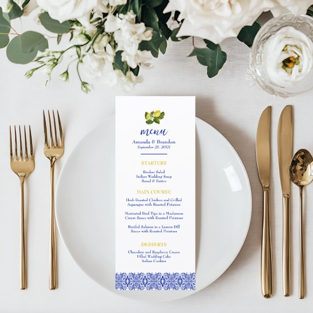 Limone I Italian Lemon & Blue Tile Wedding Menu Menükarte (Amalfi Coast Menu)