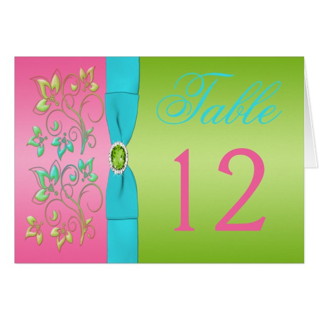 Limone, rosa und Aqua Floral Tischnummer Card (Vorderseite (Horizontal))