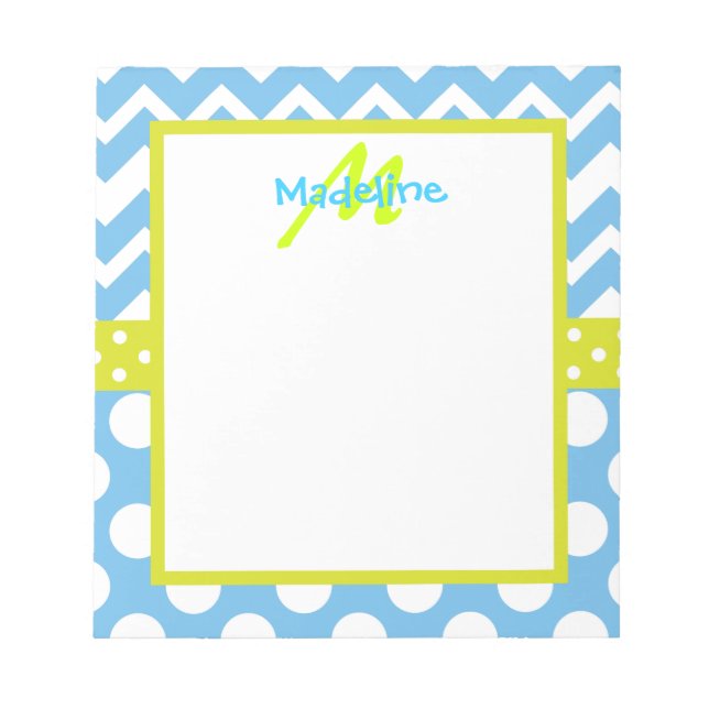 Limone und blaue Zickzack Polka Dots Monogram Note Notizblock (Vorderseite)