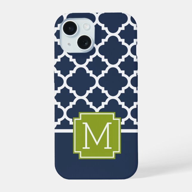 Limone und Navy Arabesque Muster Custom Monogram iPhone 15 Hülle (Rückseite)