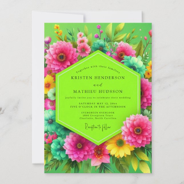 Limonengrüne Blumige Hochzeit Einladung (Vorderseite)