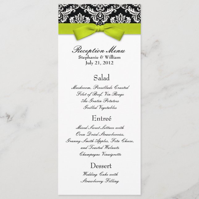 Limoner Bow mit Damask Wedding Empfang Menu Menükarte (Vorderseite)