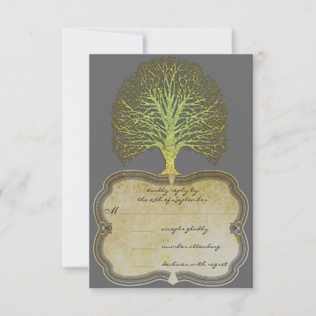 Limoner Goldwirbel-Damaskus-Tree-Hochzeit RSVP Karte (Vorderseite)