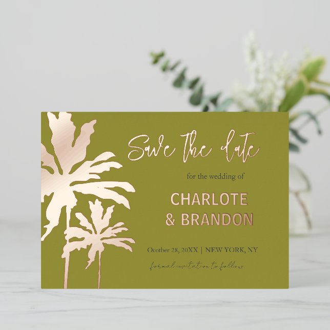 Limoner Palm Trees Beach Hochzeit Save the Date Folieneinladung (Stehend vorne)