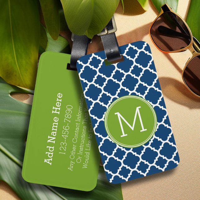 Limones und Navy-Quatrefolienmuster Gepäckanhänger (Personalized luggage tag - Add Your contact information and monogram)
