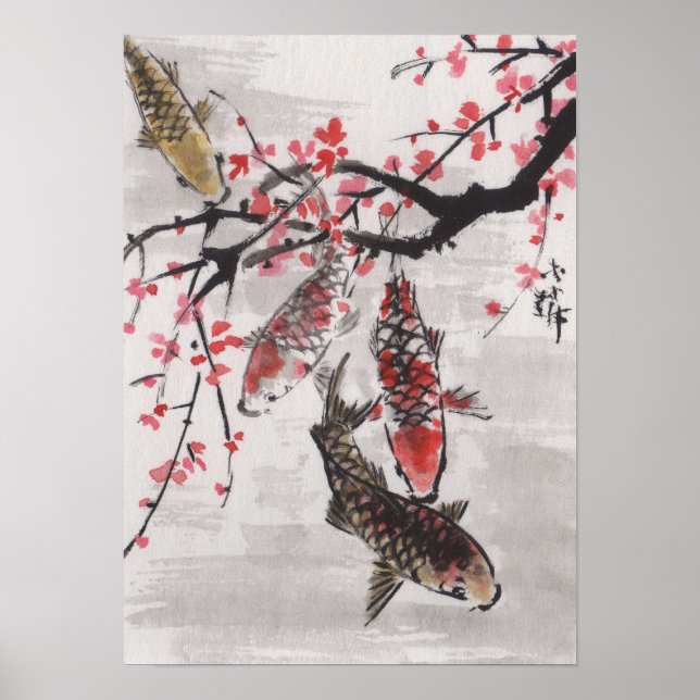 Lin Li's Art Chinese Watercolor KOI Plum Blossoms Poster (Vorne)