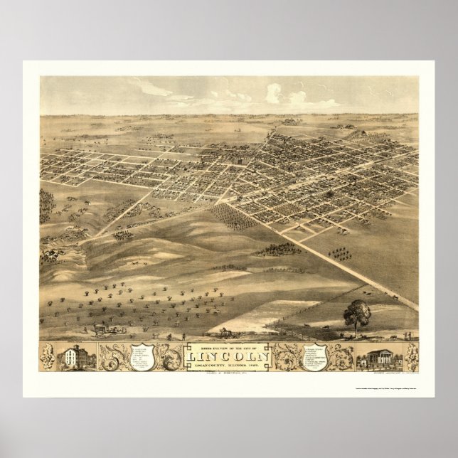 Lincoln, IL Panorama Karte - 1869 Poster (Vorne)