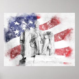 Lincoln Memorial Aquarell amerikanische Flagge weh Poster