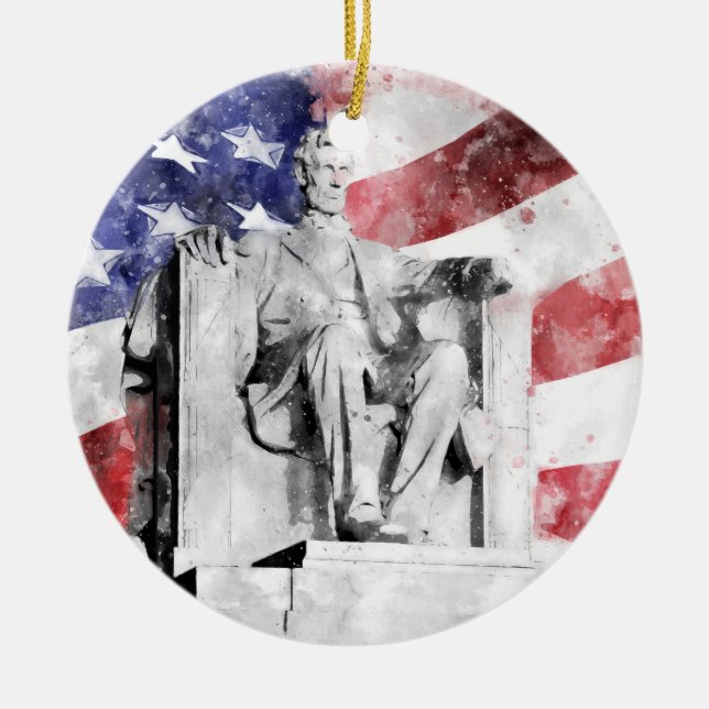 Lincoln Memorial Aquarell mit amerikanischer Flagg Keramik Ornament (Vorne)