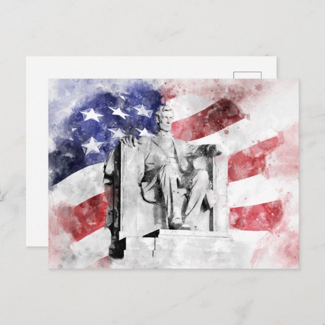 Lincoln Memorial Aquarell mit amerikanischer Flagg Postkarte (Vorne/Hinten)