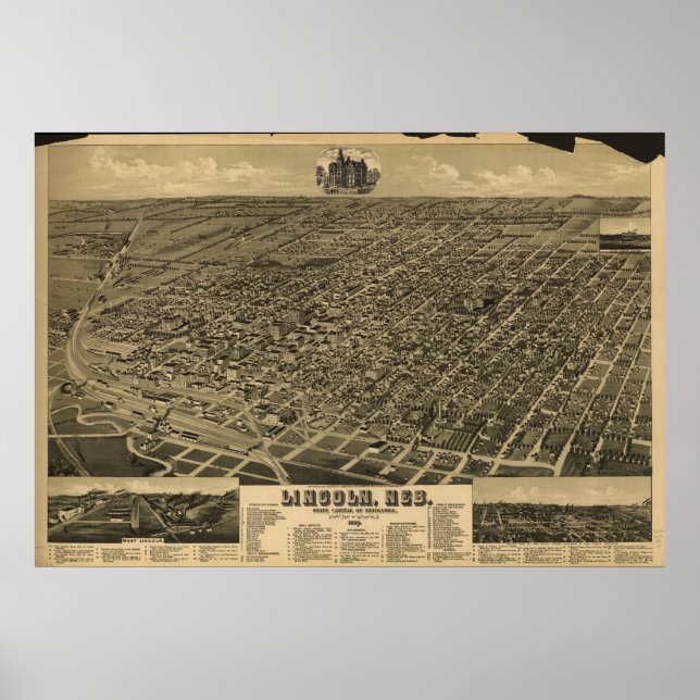 Lincoln Nebraska 1889 Antike Panoramakarte Poster (Vorne)
