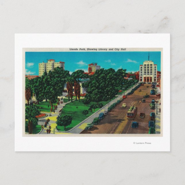Lincoln Park zeigt Bibliothek und Rathaus Postkarte (Vorderseite)