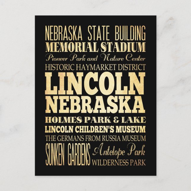 Lincoln Stadt Nebraska Typografie Kunst Postkarte (Vorderseite)