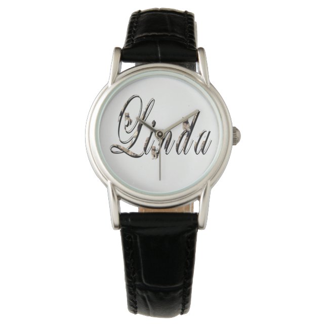 Linda, Name, Logo, Ladys Black Leather Watch. Armbanduhr (Vorderseite)
