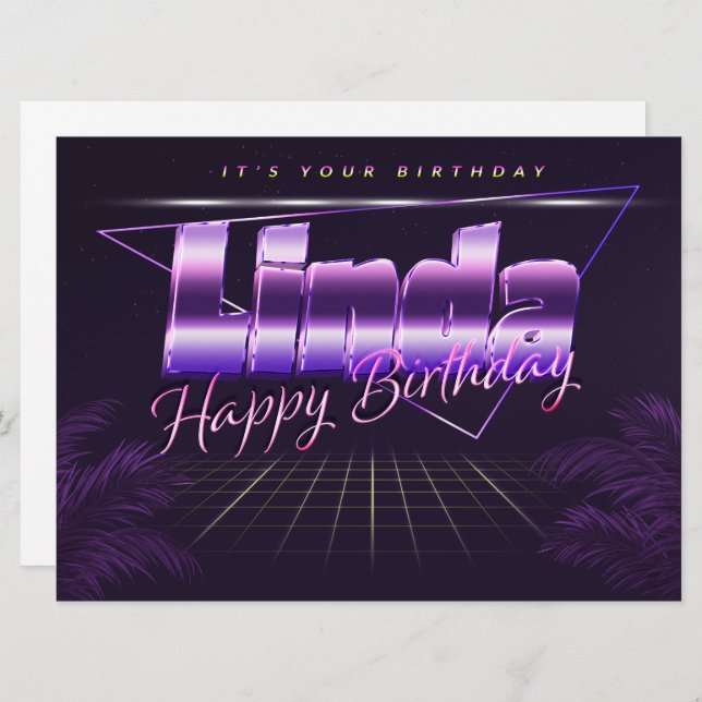 Linda Name Vorname lila retro Karte Geburtstag (Vorne/Hinten)