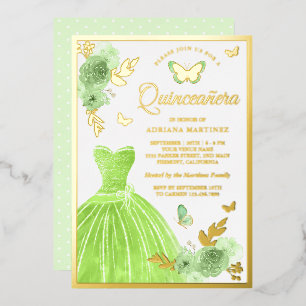 Lindgrünes Blumenkleid Schmetterling Quinceanera G Folieneinladung