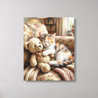 Lindo Gatito Durmiendo con Oso de Peluche Leinwanddruck