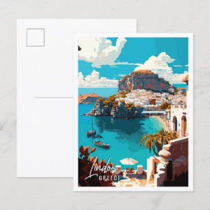 Lindos Greece Vintage Reise Illustration Postkarte