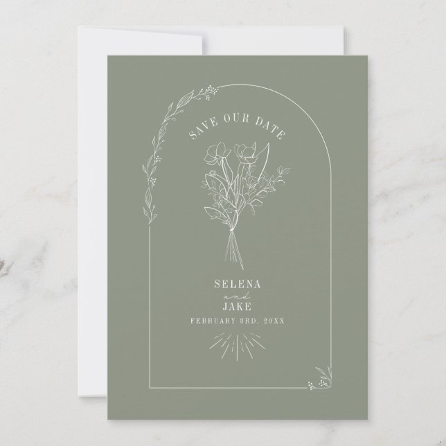 Line Art Arch Bouquet Sage Green Save the Date (Vorderseite)