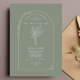 Line Art Arch Bouquet Sage Green Wedding Einladung