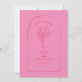 Line Art Arch Bouquet Save the Date rosa und rot