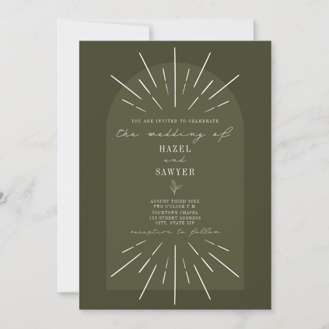 Line Art Arch Script Green Wedding Einladung (Vorderseite)