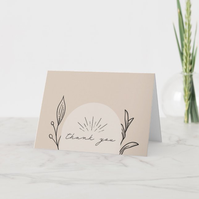 Line Art Arch Script Tan Botanische Hochzeit Dankeskarte (Vorderseite)
