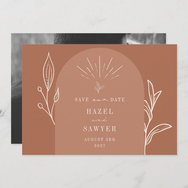 Line Art Arch Script Wüste Terracotta Foto Save The Date (Vorne/Hinten)