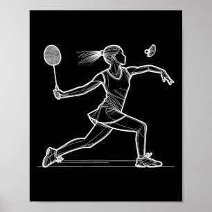 Line Art Badminton Player Shuttle Women Badminton Poster