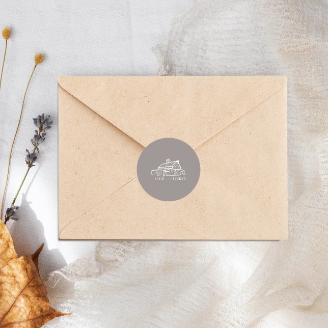 Line Art Barn Amethyst Gray Farm Hochzeit im Herbs Runder Aufkleber (Von Creator hochgeladen)