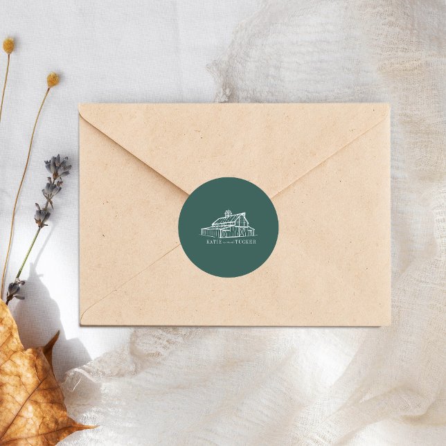 Line Art Barn Emerald Farm Hochzeit im Herbst Runder Aufkleber (Von Creator hochgeladen)