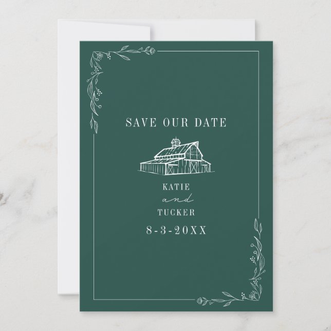 Line Art Barn Emerald Farm Wedding Save The Date (Vorderseite)