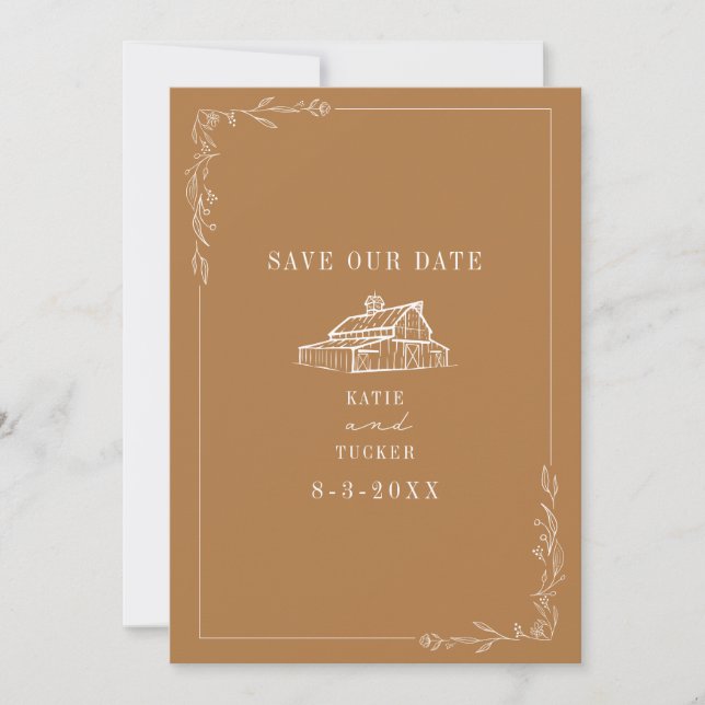 Line Art Barn Goldenrod Farm Wedding Save The Date (Vorderseite)