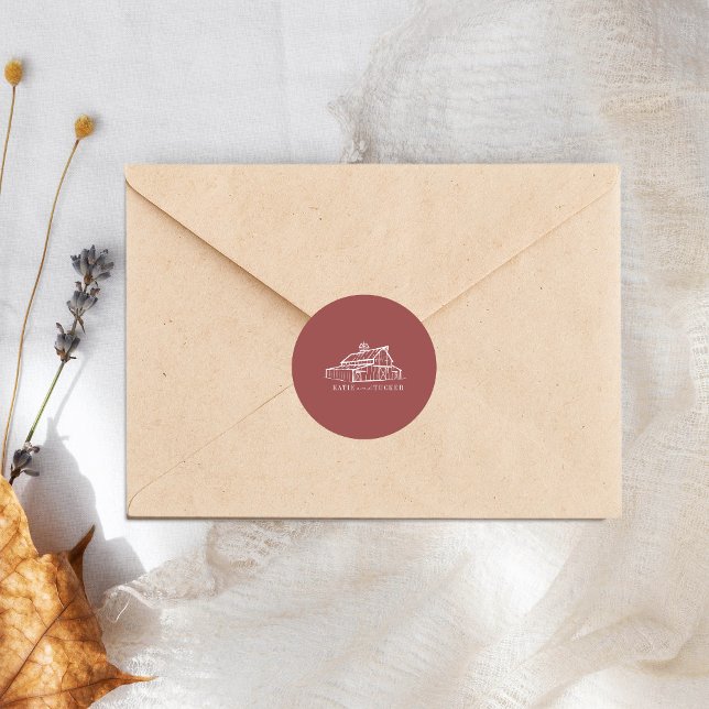 Line Art Barn Mated Red Farm Hochzeit im Herbst Runder Aufkleber (Von Creator hochgeladen)