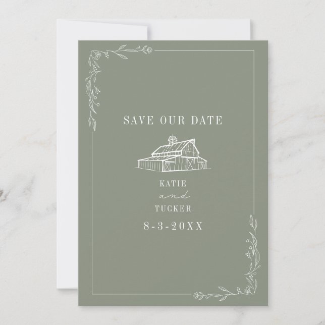 Line Art Barn Sage Grüne Farm Hochzeit Save The Date (Vorderseite)