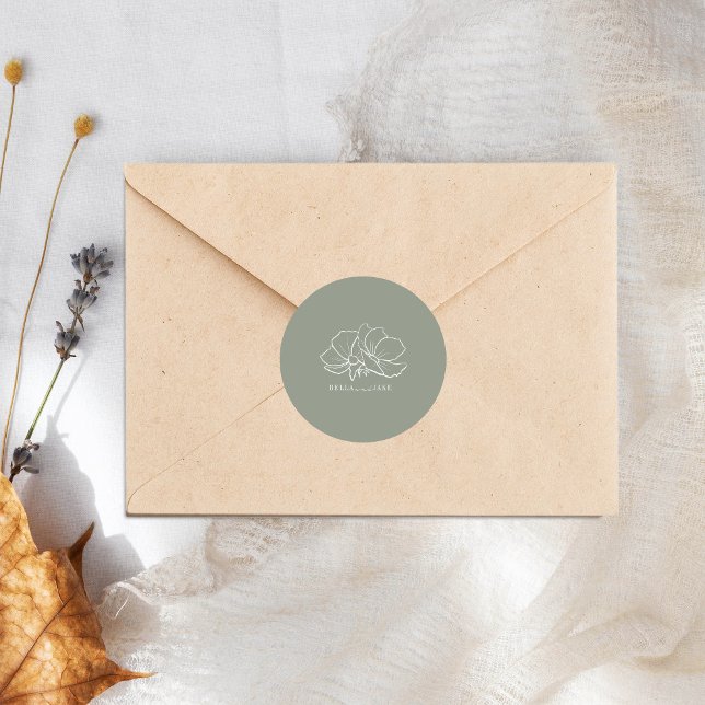Line Art Blume Sage Green Wedding Runder Aufkleber (Von Creator hochgeladen)