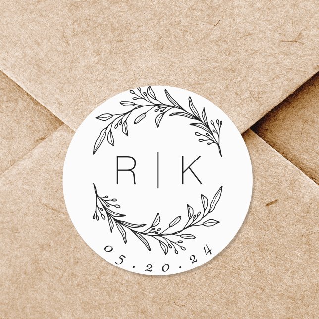 Line Art Botanical Wreath Wedding Monogram Runder Aufkleber (Von Creator hochgeladen)