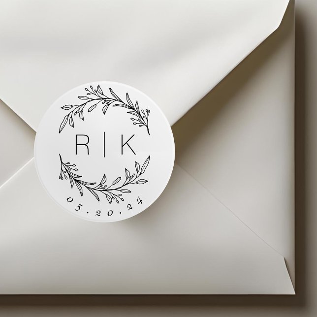 Line Art Botanical Wreath Wedding Monogram Runder Aufkleber (Von Creator hochgeladen)